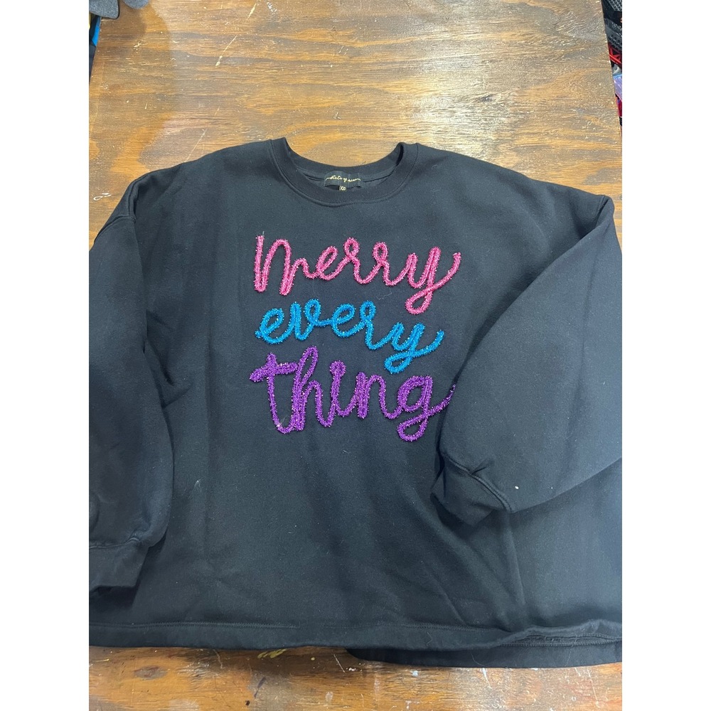 State of Mine Merry Everything Sweatshirt XXL Black Chenille Patch Holiday Crew